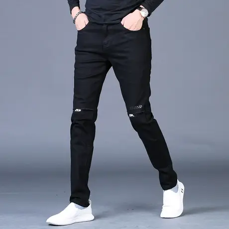新款男士黑色牛仔裤男款秋冬款高端休闲修身小脚加绒裤子破洞潮流商品大图