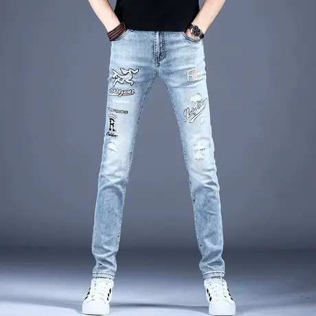 破洞刺绣牛仔裤男款修身小脚裤子高端潮牌2023新款休闲弹力秋款薄图片