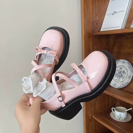 2023新款圆头单鞋女百搭学院英伦风厚底蝴蝶结玛丽珍鞋粗跟小皮鞋商品大图