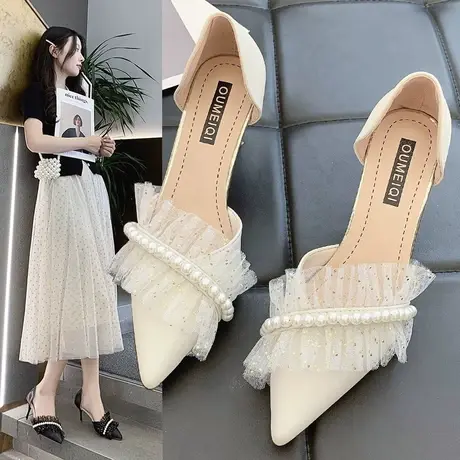 欧美风浅口性感高跟鞋女潮2023年春夏新款细跟尖头珍珠凉鞋高级感图片