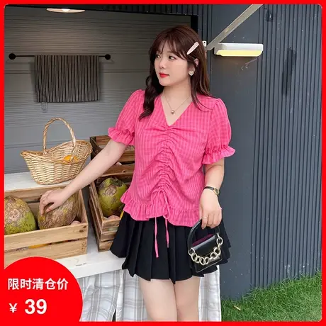 【清仓】显瘦遮肉上衣女洋气遮肉2023夏季新款短袖抽绳格子雪纺衫商品大图