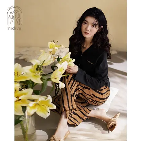 妮狄娅2023睡衣女秋季纯棉长袖v领开衫时尚可外穿春秋家居服套装商品大图