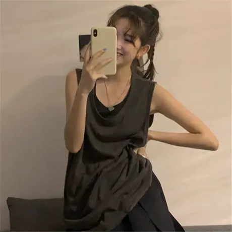 纯棉港风吊带运动坎肩背心无袖t恤女夏季设计感小众外穿挂脖上衣图片
