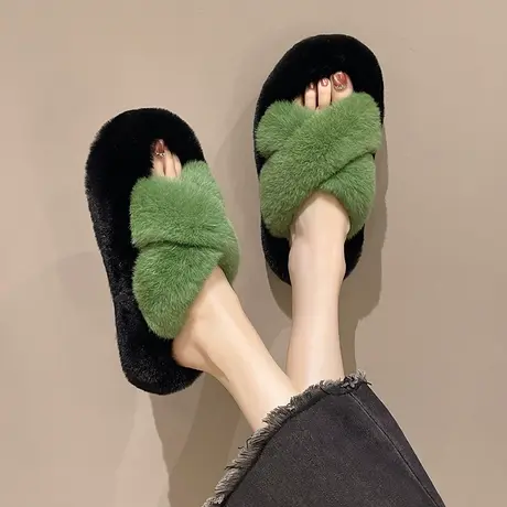 獭兔毛拼色高级感毛毛拖鞋女秋冬时尚交叉厚底防滑居家一字棉拖鞋图片