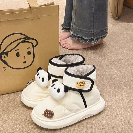 魔术贴高帮棉鞋女士冬季外穿可爱熊猫加绒保暖防水防滑厚底雪地靴商品大图