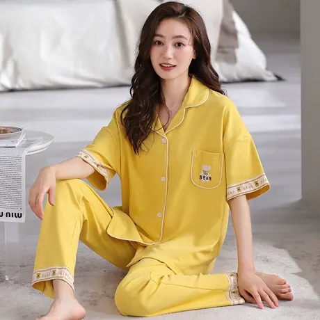 婷美女士睡衣夏季纯棉短袖长裤简约开衫夏天可出门女款家居服套装图片