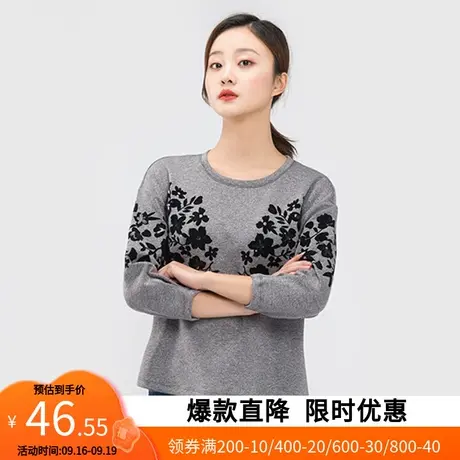 艾格2023春季女装时尚百搭休闲花卉圆领修身长袖T恤W597商品大图