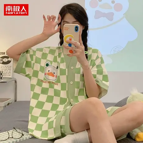 南极人夏季新款卡通格子睡衣女甜美网红少女风短袖套装大码家居服图片