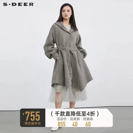 sdeer圣迪奥冬装女连帽收腰泡泡袖廓形毛呢大衣S224Z2503图片