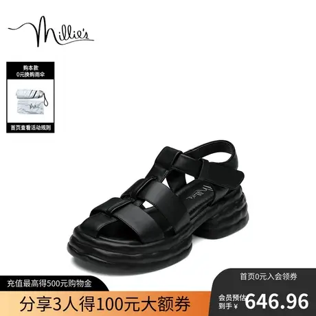 millies/妙丽2023夏季新款羊皮时尚镂空方跟女凉鞋33917BL3图片