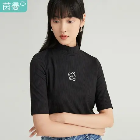 【商场同款】茵曼2023春装新款女半高领设计显瘦港风设计中袖T恤图片