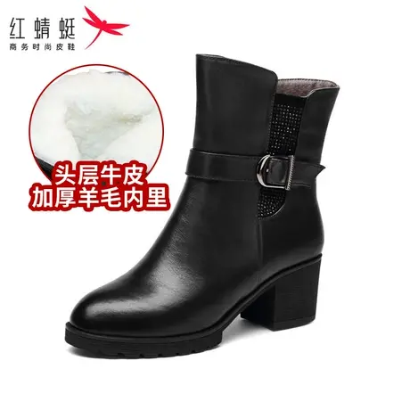 红蜻蜓女鞋女靴真皮羊毛内里保暖舒适中跟圆头时尚透气休闲百搭靴商品大图