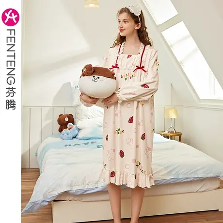 芬腾纯棉布朗熊睡裙女春秋长袖套头甜美韩版少女全棉中长裙家居服商品大图