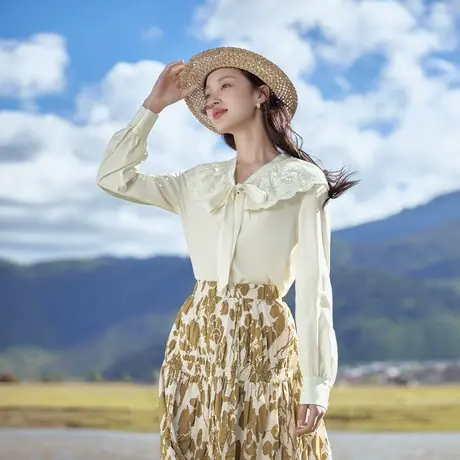 茵曼清新文艺蕾丝花边拼接系带V领衬衣2023秋女装新款泡泡袖上衣商品大图