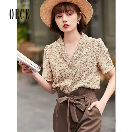 Oece设计感衬衫夏装新款女装碎花复古减龄文艺雪纺衫短袖上衣图片