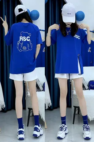 2023新款夏装短袖t恤女中长款设计感宽松百搭个性开叉半袖上衣潮图片