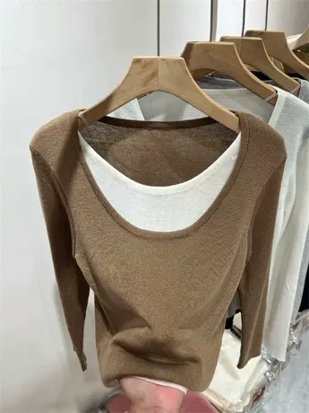 假两件拼接安迪绒针织衫轻薄长袖小衫女2023秋新款圆领修身打底衫商品大图