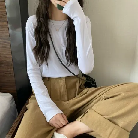 早春秋冬内搭长袖t恤女宽松2023年初春秋衣新款白色打底衫上衣服图片