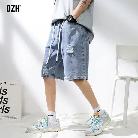 男生浅蓝色破洞牛仔短裤男夏季薄款宽松五分裤ins潮牌高街乞丐裤图片
