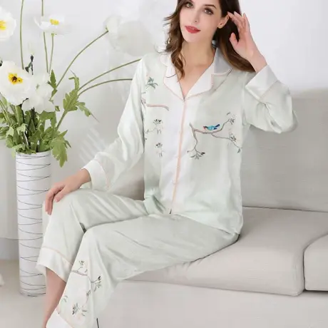 冰丝睡衣女长袖长裤春秋款薄款夏季高级感开衫家居服仿真丝绸套装商品大图