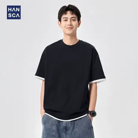 hansca 32支双纱纯棉短袖t恤男款夏季日系假两件宽松透气圆领上衣商品大图