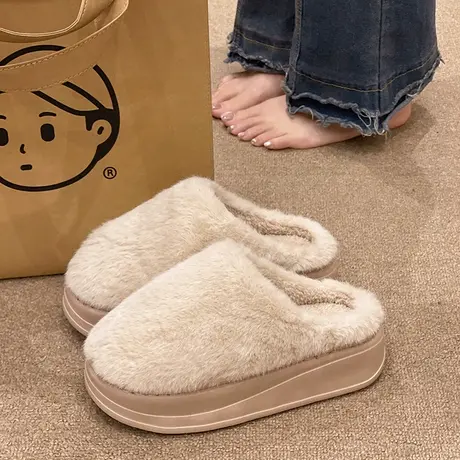 棉拖鞋女冬季时尚简约厚底增高外穿毛绒室内居家防滑保暖包头拖鞋商品大图