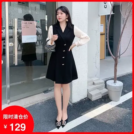 2023秋季新款西装翻领蝴蝶结扣法式桔梗长袖连衣裙显瘦大码胖MM商品大图