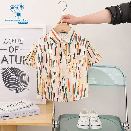 GD真维斯儿童衬衫夏季款男童宽松微弹翻领印花短袖衬衫商品大图