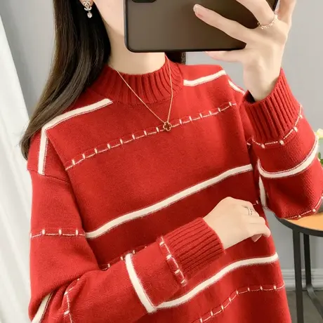 毛衣女宽松2023秋冬新款韩版洋气半高领撞色长袖套头打底针织衫潮商品大图