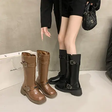 法式复古牛仔靴女2025新款夏季高级不过膝高筒骑士靴气质百搭靴子图片