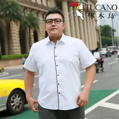正品啄木鸟加大加肥男装短袖衬衫夏季宽松胖子大号半袖衬衣黑白色图片