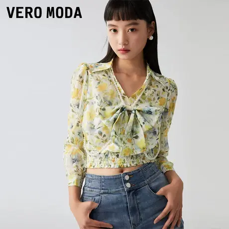 Vero Moda奥莱雪纺衫女夏季新款V领甜美气质优雅印花蝴蝶结上衣图片