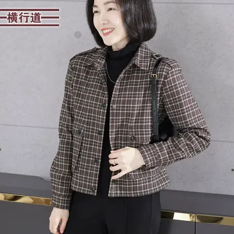 2023冬季新款简约复古翻领格子加绒长袖外套女装外穿大码保暖上衣商品大图