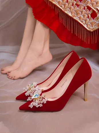 婚鞋新娘鞋红色细高跟鞋春女2023新款不累脚敬酒中式秀禾服结婚鞋图片