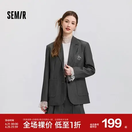 森马外套女中长款刺绣学院风2025春新款盐系宽松灰色休闲西服高街图片