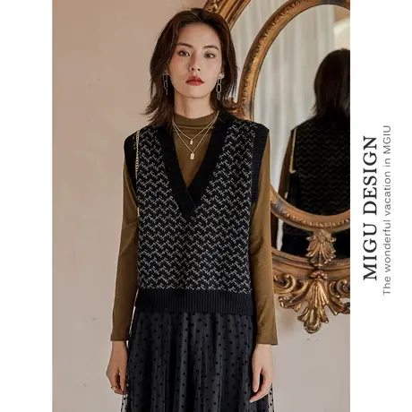 弥古复古针织马甲女款外搭叠穿毛线背心外穿女春秋v领毛衣小马夹商品大图