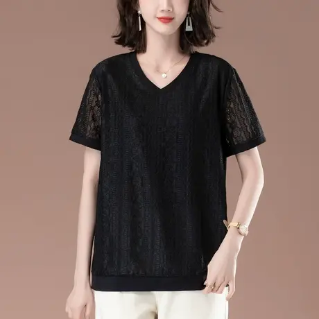 V领蕾丝短袖T恤女夏季新款加肥加大码女装宽松中年妈妈纯棉上衣衫商品大图