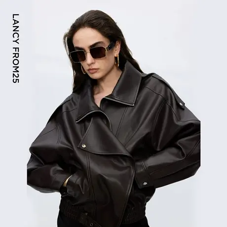 朗姿设计感时尚环保皮衣女纯色复古重工夹克外套2025年冬季新款图片
