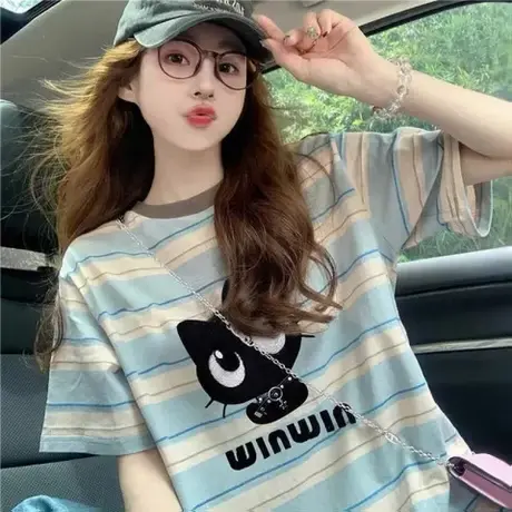 猫咪撞色条纹短袖t恤女2025新款夏季美式宽松设计感正肩休闲上衣图片