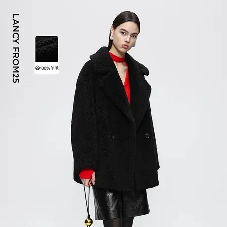 朗姿纯色直筒两粒扣仿皮草外套气质简约优雅通勤风2025冬季新款女商品大图