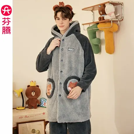 芬腾男士睡衣秋冬季珊瑚绒连帽套装加绒加厚保暖大码布朗熊家居服商品大图