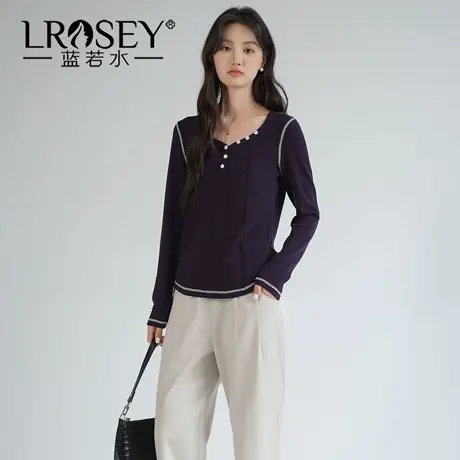蓝若水大码女装明线拼接纽扣V领打底衫2025秋装新款复古针织T恤YL商品大图