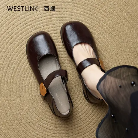 西遇棕色玛丽珍鞋女2025秋季新款一字带低跟浅口单鞋软底小皮鞋A图片