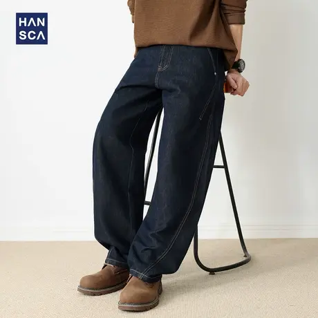 hansca莱赛尔直筒牛仔裤男2025新款秋季男潮牌高端宽松阔腿拼接裤商品大图