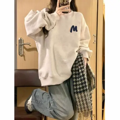 花灰色圆领重磅无帽卫衣女士2025秋冬款宽松美式复古加绒加厚上衣商品大图