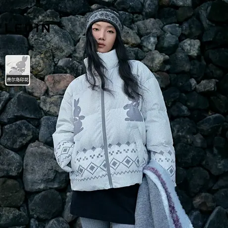 乐町兔子费尔岛印花面包羽绒服女2025冬季新款一手长保暖外套商品大图