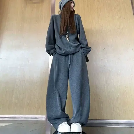 慵懒风半拉链卫衣+直筒阔腿裤两件套女2025秋季新款宽松显瘦套装商品大图