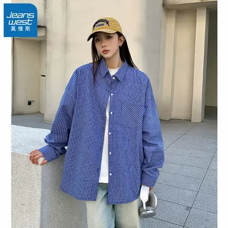 N5真维斯男士长袖衬衫2025秋季新款美式情侣格子男生休闲宽松衬衣商品大图