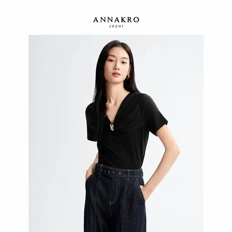 玖姿安娜蔻金属件装饰莱赛尔V领显瘦扭结针织T恤女2026夏季新款图片