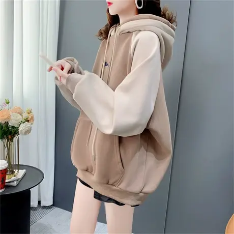学院风拼色加绒连帽卫衣女秋冬2022年新款宽松插肩袖加厚百搭上衣商品大图